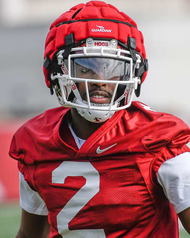 Razorbacks' cornerback Dwight McGlothern on the field at Thursday afternoon's practice.